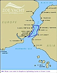 Bosphorus strait map route for sightseeing cruise